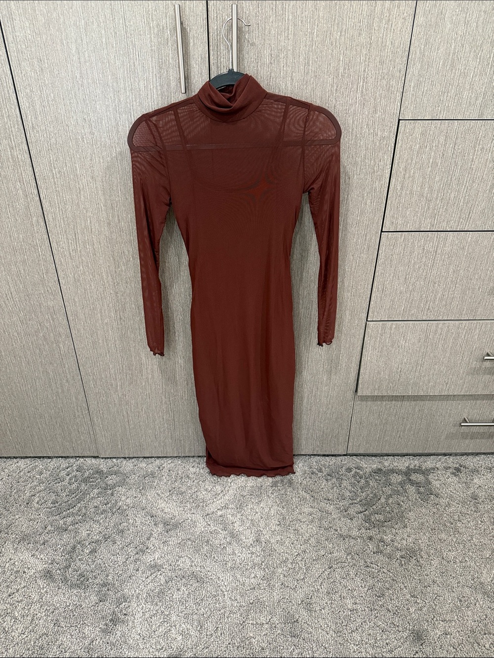 Women’s Long Sleeve Turtleneck Midi Dress - Deep Brown mesh